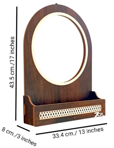 Image of 7CR Wooden Wall Mounted Dressing Round Mirror with Storage Shelf, Round, Walnut Brown, 43.5 x 33.4 x 8 cm