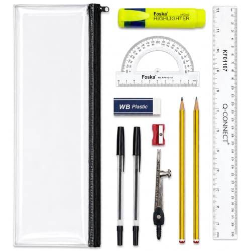 Thymera Clear Exam Pencil Case Set Transparent Stationery Pouch with Exam Essentials Including Pens Pencils Ruler Eraser & Sharpener School GCSE A-Level & Office Stationery Kit