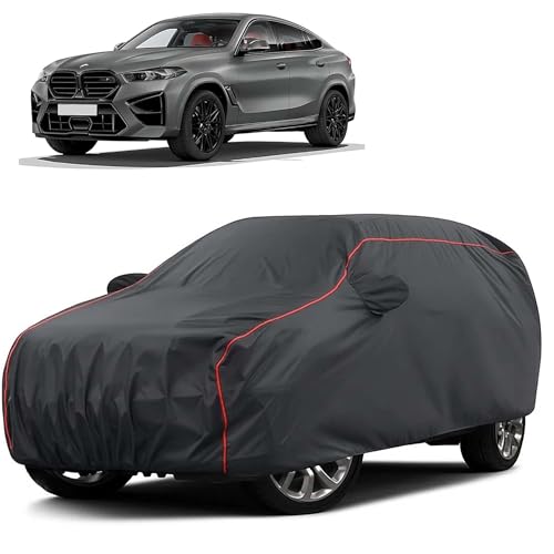 Image of Sulfar 100% Water Resistant Car Body Cover Compatible with Mirror for BMW X6M (Triple Stitched, Full Bottom Elastic, Dark Grey Taffeta with Red Piping)