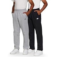 New Balance Boys Open Bottom Active Sweatpants – 2 Pack Soft Cotton Fleece Blend Pull-On Straight Leg Sweats, Sizes 4-20 Black/Grey
