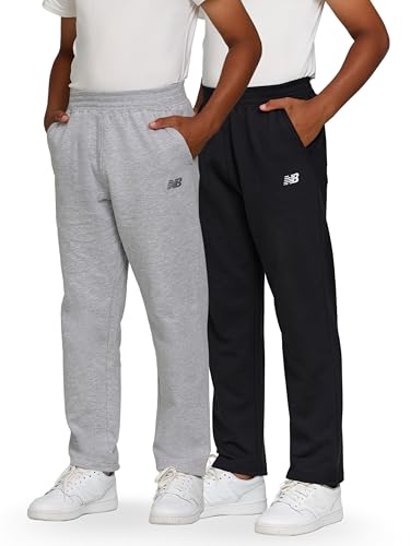 New Balance Boys Open Bottom Active Sweatpants – 2 Pack Soft Cotton Fleece Blend Pull-On Straight Leg Sweats, Sizes 4-20