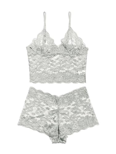 Image of Lilosy Sexy Sheer Floral Lace Pajamas Lingerie Set High Waist Sleepwear Bra and Panty 2 Piece Nightwear