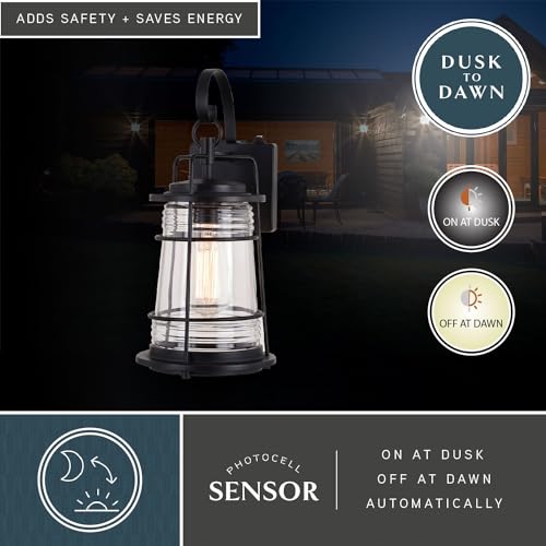 VAXCEL Montauk 15 in. H 1-Light Textured Black Dusk to Dawn Sensor Coastal Outdoor Wall Sconce, Durable Steel, Clear Glass Shade, LED Compatible for Exterior Porch Patio Front Door or Garage - Image 3