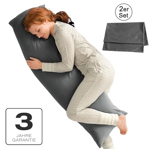 Soifox Seitenschläferkissen Bezug 40 x 145 - 2er Set Anthrazit Kissenbezug mit Reißverschluss 100% Mikrofaser Resistent und Hypoallergen Kissenbezüge für Seitenschläferkissen