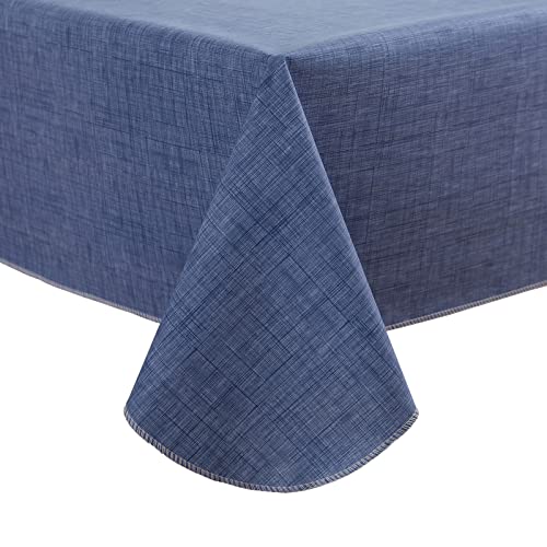 LIBERECOO Vinyl Tablecloth with Flannel Backing, Denim Blue, Waterproof, Stain-Resistant, Easy-Clean Table Cover for Dining, Kitchen, and Outdoor Use, 60" x 120" Rectangle