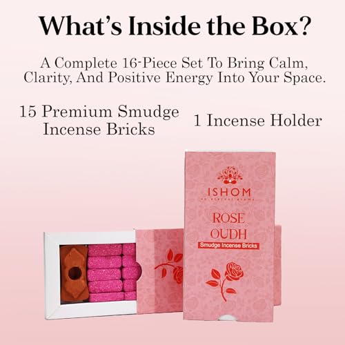 Image of Rose Oudh Smudge Incense 15 Bricks with Holder Combo, Natural Rose Oil & Agarwood Powder, Long Lasting Aroma for Love Affection Bonding, Home Purification, Meditation & Aromatherapy