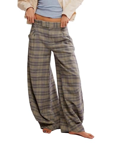 Kedera Women Vintage Tartan Plaid Print Wide Leg Pants High Waisted Baggy Trousers Casual Business Work Slacks