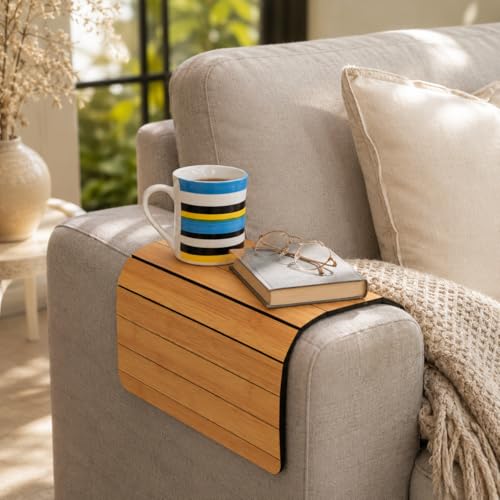 Image of Gift Kya De Sofa Armrest Rectangular Tray Table | Bamboo Finish Couch Arm Table | Non-Slip Tray for Remote, Snacks, Coffee | Compact & Foldable | 15x10 Inch | Made in India (Medium)