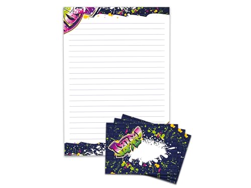 Briefpapier-Set Briefblock mit Umschlag für Jungen Mädchen Kinder Graffiti modern Jugendstil (Block A4 mit 25 Blätter + 15 Umschläge)