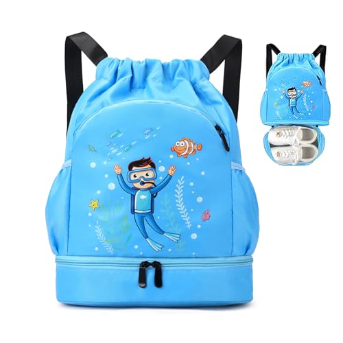 HAGOT Sac Piscine Enfant, Sac à dos de sport imperméable, Sacs de Sport Avec Compartiments Garçon Fille Enfant Piscine, Plage, Vacances, Camping(Bleu)