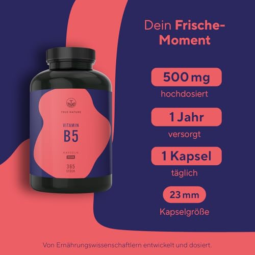 Vitamin B5-365 Kapseln - 500mg Pantothensäure hochdosiert - 1 Jahr Vorrat - Vegan - Deutsche Produktion - TRUE NATURE
