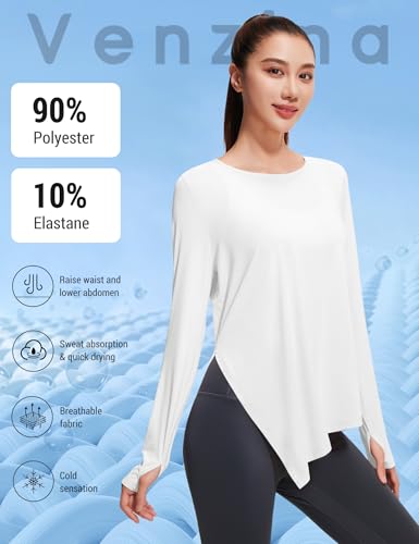 Image of Venzina Women's Long Sleeve Yoga Top with UPF 50 Sun Protection | Quick-Dry Shirt with Thumbholes & Asymmetrical Knotted Hem |Running, Dance, Exercise