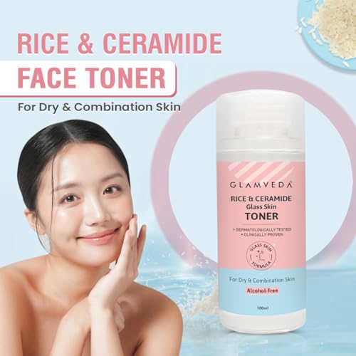 Image of Glamveda Korean Rice & Ceramide Face Toner | Rice Water Toner For Dry & Combination Skin | Pore Tightening & Glowing Skin | Fades Blemishes, Brightens & Smoothens | Women & Men | 100ml