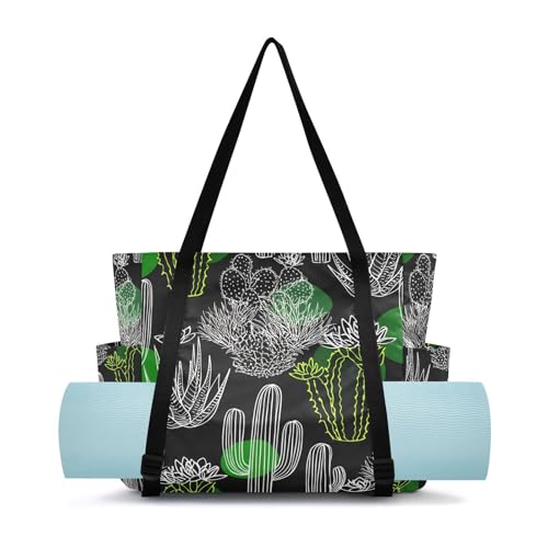 Lxqimora Cacti Lines Unique Black Yoga Mat Bag for Women Water-Resistant Gym Bag with Yoga Mat Holder Tote Bag for Gym Travel Office Pilates