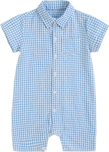Image of AYIYO Baby Boys Gentleman Romper Plaid Shirt Short Sleeve Button Down Bodysuit Casual Clothing Outfits
