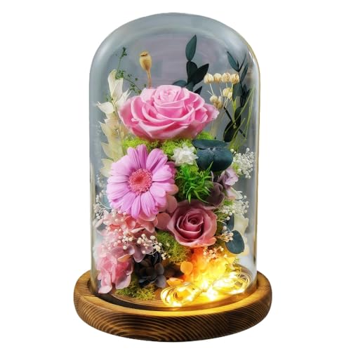 OGXNプリザーブドフラワー、仏花、ブリザーブドフラワーアレンジメント、LEDライト付き、ガラスドーム保護、永久保存可能、菊とバラのデザイン、一対セット、仏壇用・供花・法事・49日法要・お盆・お彼岸・告別式・枕花・ペット供養・喪中見舞いに対応 (スウィート