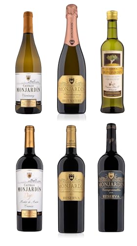 Castillo Monjardín, Pack Navideño Premium 2025, 6 Botellas D.O. Navarra, Incluye Chardonnay, Espumoso Brut Nature, Merlot, Cabernet Sauvignon, Tempranillo y Aceite de Oliva Virgen Extra
