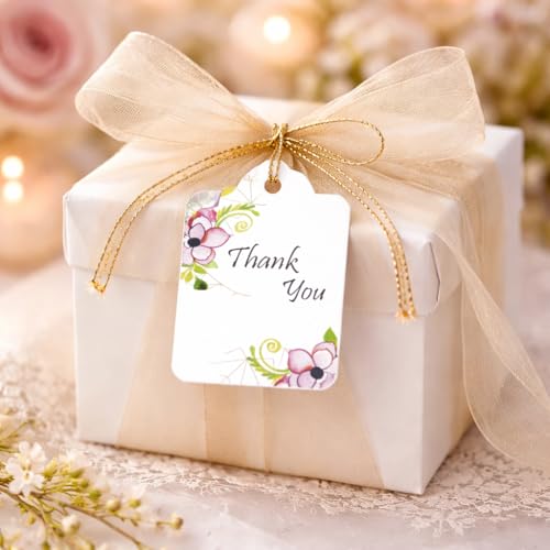 Image of CVANU Floral Thank You Gift Tags (Set of 150), Elegant Flower Design (D8) Hanging Tags with Gold String for Wedding Return Gifts & Small Business Packaging (2.85 x 1.7 Inch)