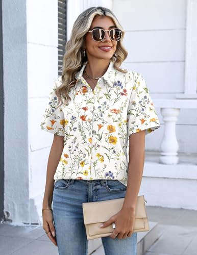 Image of Zeagoo Button Down Shirts for Women Short Sleeve Collared Tops Dressy Casual V Neck Blouses