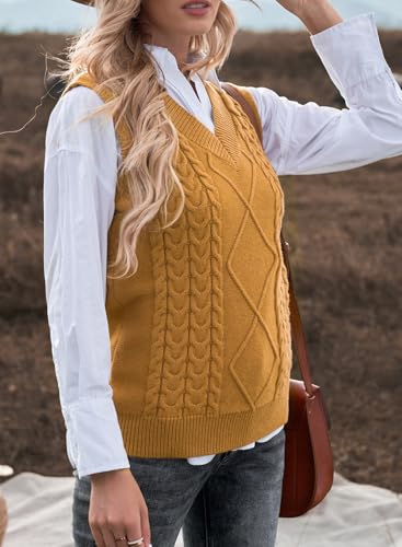 Image of EVALESS Oversized Sweater Vest for Women V Neck Sleeveless Cable Knit Tops
