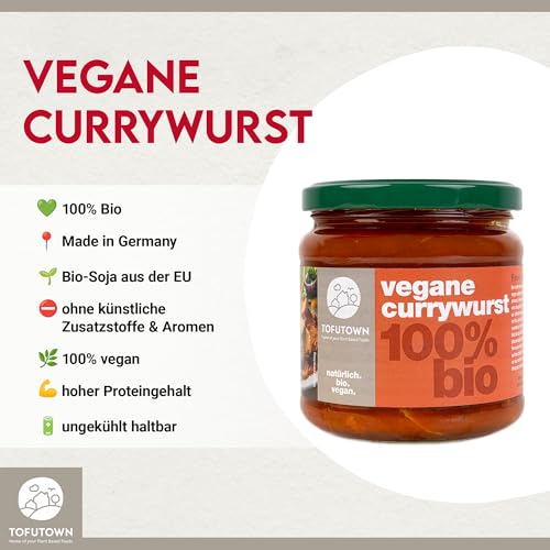 TofuTown Vegane Currywurst im Glas 6x350g – Geschmack wie das Original, perfekt gewürzt, nachhaltig & ohne künstliche Zusätze – Hochwertiger Fleischersatz aus natürlichen Zutaten