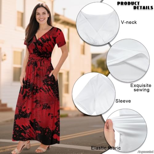 Image of Women's Fall Summer Short Sleeve Ankle Length V-Neck Party Dress with Pockets Size S-3XL