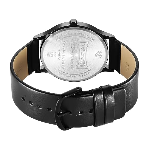 Image of Sonata Aspire Quartz Analog Black Dial Leather Strap Watch for Men-NS77105NL08W /NT77105NL08W