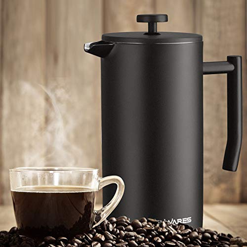 Belwares Large French Press Coffee Maker with Extra Filters for a Richer and Fuller Coffee Flavor, Designed with Double Wall Black Stainless Steel (50oz) Perfect Gift Idea