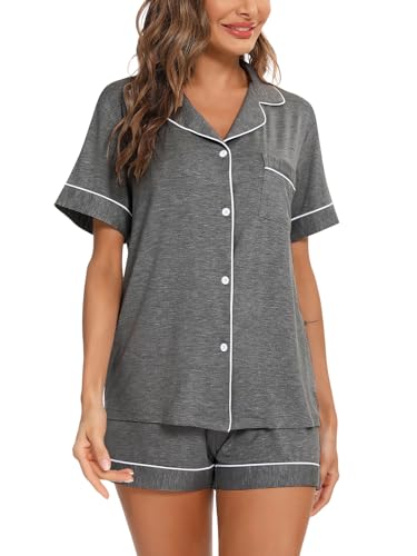 Image of Aamikast Button Up Pajama Set for Women Shorts Short Sleeve Knit Sleepwear 2 Pice Pjs Sets