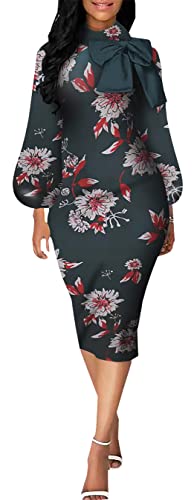 Image of Sexy Long Sleeve Dress for Women Solid Color Bow Knot Turtleneck Formal Gown Midi Casual Church Dresses