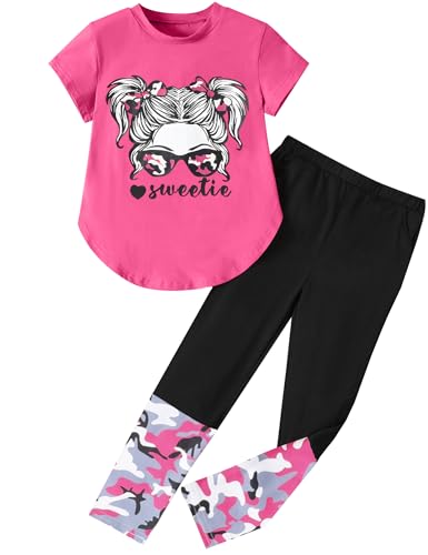 Image of Girls Outfits Short Sleeve Irregular Tops + Camouflage Long Legging Outfits 2PCs Summer Pant Sets 6-14T