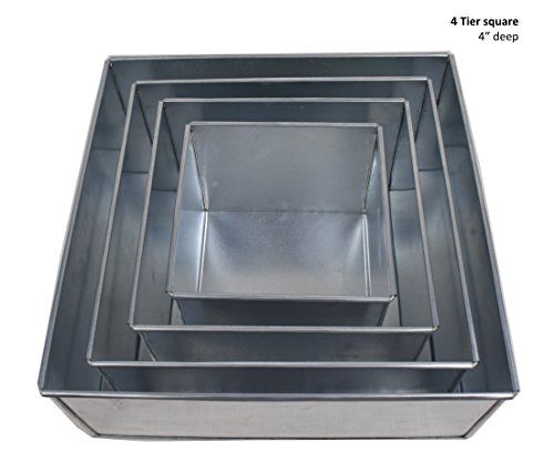 Set of 4-piece square cake baking pans by Euro Tins 6, 8, 10 & 12 Inch (4" Deep)