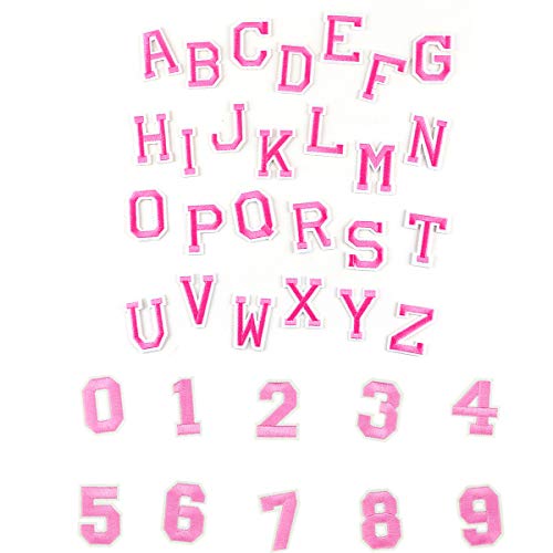 Letter Iron On Patches Sew On Appliques with White Embroidered Patch A-Z 0-9 Letter Badge Decorate Repair Patches for Hats, Jackets, Shirts, Vests, Shoes, Jeans (Pink)