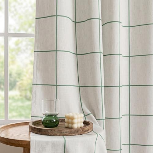 Image of MYSKY HOME 100% Blackout Plaid Linen Ceiling Curtains 102 Inch Long 2 Panels Set Double Layer Farmhouse Thermal Insulated Checkered Print Drapes for Living Room Bedroom, 2 Pcs, 52 inch Wide, Green