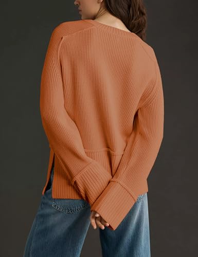 Image of Women's Oversized Pullover Sweaters Crewneck Long Sleeve Casual Side Slit Warm Knit Sweater Top