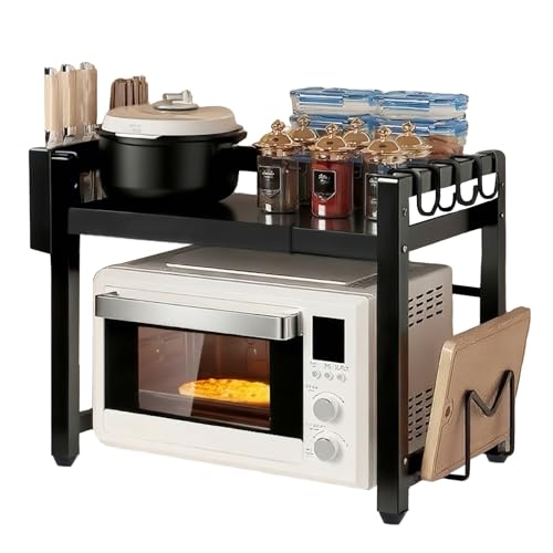 Image of Adjustable Microwave Oven Rack, Microwave Stand Shelf Heavy Duty 2-Tier Shelf with Cutting Boards Stand Knife Rack and Chopstick Holder for Kitchen Shelves Counter Top Organizer, Holds 55lbs,6 Hooks