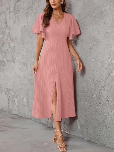 Image of Shasmi Girl's & Women's Pleated Midi Dress with Flutter Sleeves | V-Neck Western Dress for Women | Elegant A-Line Summer Outfit | Office & Casual Wear (Dress 244)