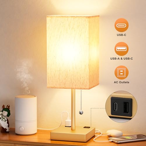 Image of Gold Bedside Lamp for Bedroom - 3 Color Temperatures, USB A+C, 2 AC Outlets