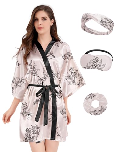 Image of MORFORU Women Bride Bridesmaid Silky Satin Kimono Robe Solid Color Sleepwear for Wedding Party Getting Ready, Short