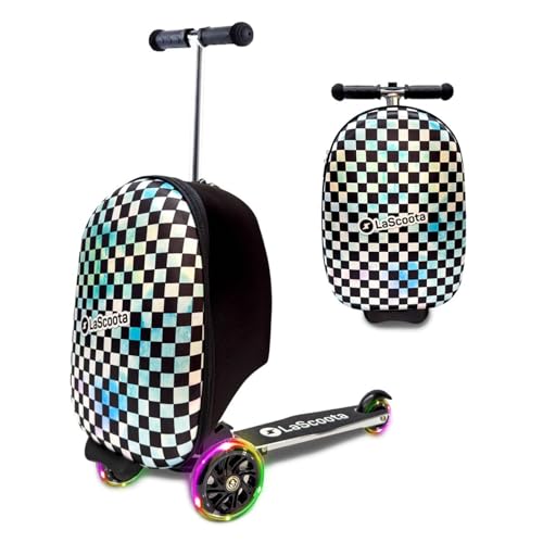 Lascoota Scooter Suitcase - 24 x 15 x 19 in, Checkered Soft-Shell Carry Luggage - Lightweight Carry-On Case & Ride Suitcase with LED Lights - Kid Scooter & Ride Luggage For Ages 5+