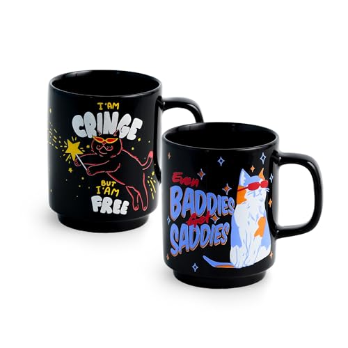 Image of Shay Ceramic Mug, 2 Pc, Cringe & Baddies, 300ml | Glossy Finish | Ceramic Coffee Cup | Porcelain | Microwave Safe (Rise Mug - 2Pc - Cringe & Baddies)