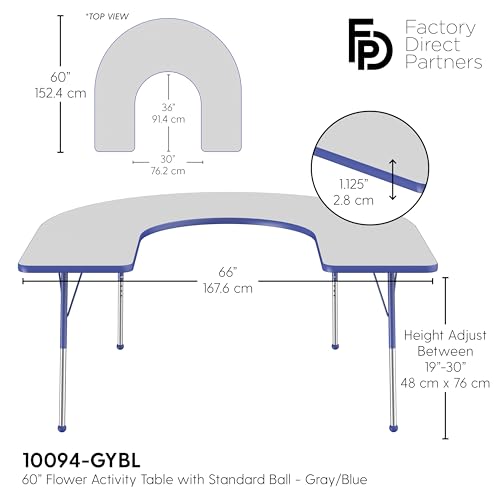 Image of FDP Horseshoe Activity School and Office Table (60 x 66 inch), Standard Legs with Ball Glides for Collaborative Seating Environments, Adjustable Height 19-30 inches - Gray Top and Blue Edge