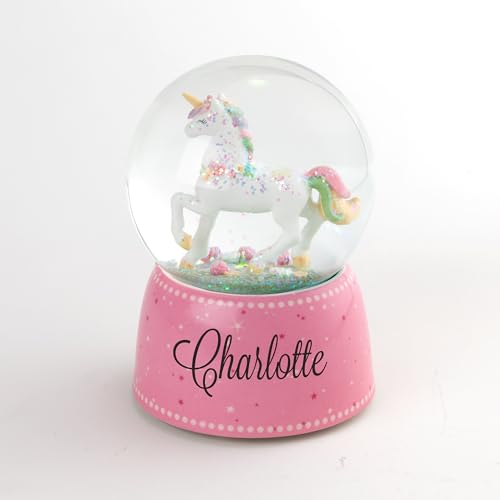 Personalized Planet Unicorn Glitter Globe with Custom Name Printed | Light Up Snowglobe with Pink Base | Battery Operated | 4x5.7