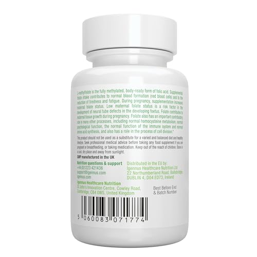 Igennus Reines Methylfolat 400 mcg, 180 Tabletten, Clean Label, optimiertes Methylfolat entspricht 667 mcg DFE, MTHFR-Nahrungsergänzungsmittel, laborgeprüft, vegan & hypoallergen, 6-Monatsvorrat