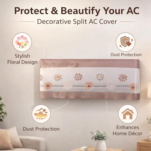 Image of Cotton Net Split AC Cover Indoor Unit for 1.5 Ton Capacity AC, Premium Work Indoor AC Dust Protection Cover Designer Summer Ac Cover for 1.5 Ton Ac (38 X 15.35 X 7.8 inch, Brown Flower)
