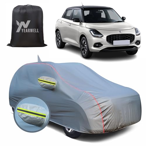 Image of Car Body Cover for Maruti Swift 2024, 100% Waterproof, Heat-Resistant with Mirror & Antenna Pockets, Soft Cotton Lining, Triple Stitched, Green Reflector (Metallic Grey)