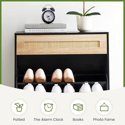 GAOMON Natural Rattan 2 Flip Down with 1 Drawer Free-Standing Shoe Rack, Shoe Cabinet Wood Organizer Freestanding with 3-Tier Adjustable Shelves for Entryway Hallway Doorway, Black