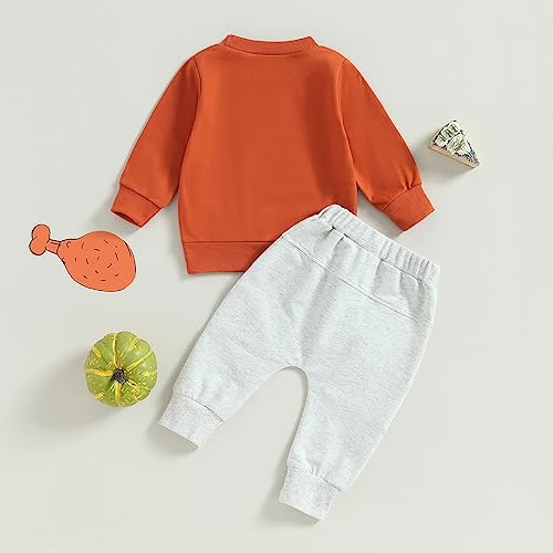 Toddler Baby Thanksgiving Outfit Boy Girl Gobble Letter Print Pullover Sweatshirt Solid Color Pants Fall Clothes (Orange, 0-6 Months)2