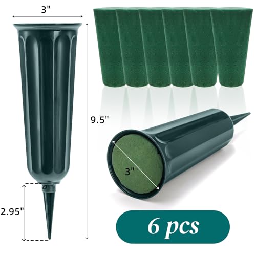 Image of Goaste 6 Pack Cemetery Vases with Foam Inserts, Memorial Floral Vases with Spikes, Grave Flower Holder Cones for Outdoor Use, Lawn Headstone Graveside Decoration, Fresh or Artificial Flowers, Green