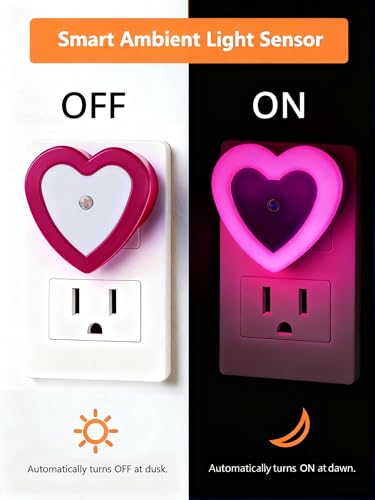 Image of LED Night Lights Plug in(4-Pack), Dusk to Dawn Sensor Auto-On /Off, Cute Nightlight Heart Shaped 0.5W for Bedroom, Bathroom, Kids Room, Nursery, Hallway (Pink)